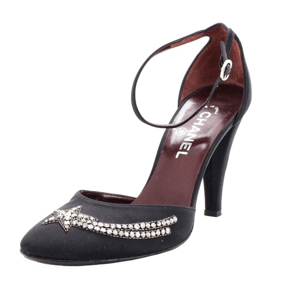 Chanel Shooting Star Black Slingback Satin Crystal Heels 41 - Picture 1 of 12